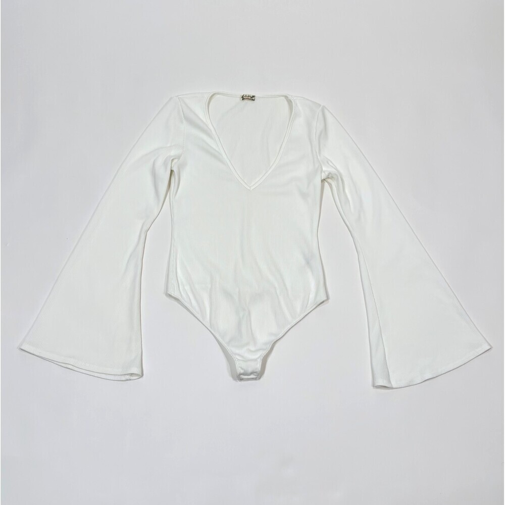 Free People Charli Bodysuit Bell Sleeve V Neck Ribbed White - Small
